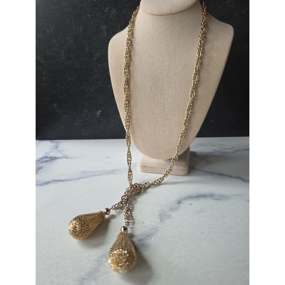 Gold Tone Metal Lariat Large Necklace Vintage